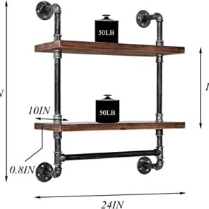 Industrial Bathroom Shelves Rustic Wood Shelves with Towel Bar 24" Farmhouse Shelf for Wall Pipe Shelving-2 Layer