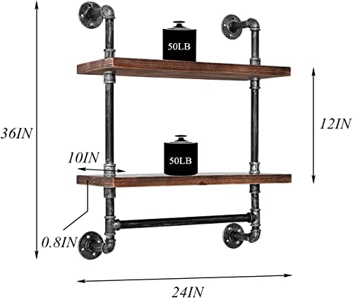 Industrial Bathroom Shelves Rustic Wood Shelves with Towel Bar 24" Farmhouse Shelf for Wall Pipe Shelving-2 Layer