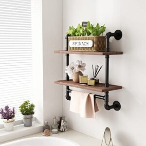 Industrial Bathroom Shelves Rustic Wood Shelves with Towel Bar 24" Farmhouse Shelf for Wall Pipe Shelving-2 Layer