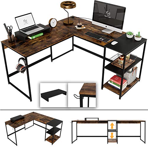 L-Shaped Desk for Home Office | Nost Host Corner Desks with Adjustable Side Shelf | Monitor Stand Headphone Hook Included Convertible Table | Modern-Style Industrial Desk | 94.5L