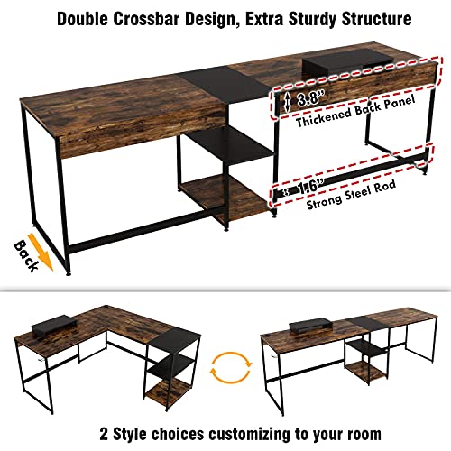 L-Shaped Desk for Home Office | Nost Host Corner Desks with Adjustable Side Shelf | Monitor Stand Headphone Hook Included Convertible Table | Modern-Style Industrial Desk | 94.5L