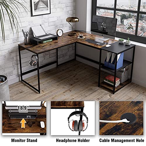 L-Shaped Desk for Home Office | Nost Host Corner Desks with Adjustable Side Shelf | Monitor Stand Headphone Hook Included Convertible Table | Modern-Style Industrial Desk | 94.5L