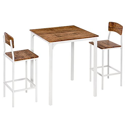 HOMCOM 3 Piece Industrial Counter Height Dining Table Set, Bar Table & Chairs with Steel Legs & Footrests, White