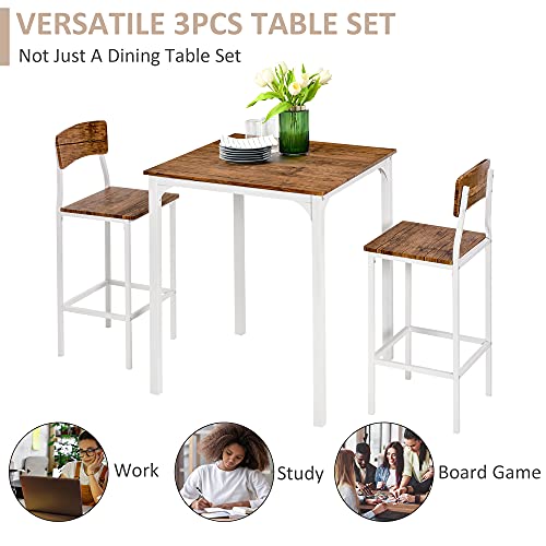 HOMCOM 3 Piece Industrial Counter Height Dining Table Set, Bar Table & Chairs with Steel Legs & Footrests, White