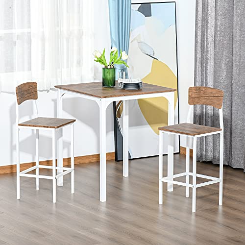 HOMCOM 3 Piece Industrial Counter Height Dining Table Set, Bar Table & Chairs with Steel Legs & Footrests, White