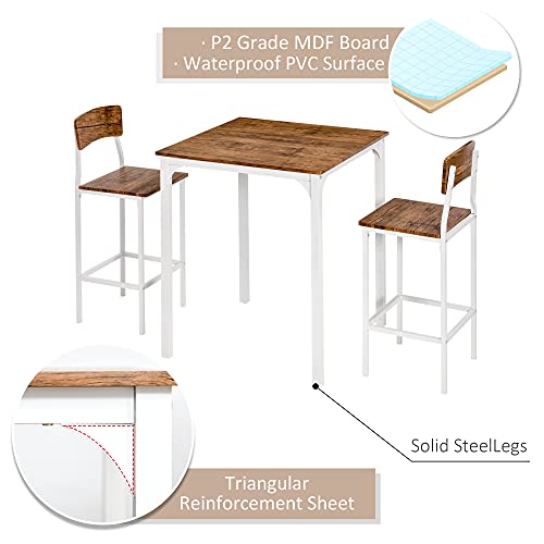 HOMCOM 3 Piece Industrial Counter Height Dining Table Set, Bar Table & Chairs with Steel Legs & Footrests, White