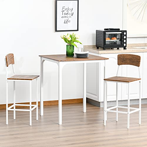 HOMCOM 3 Piece Industrial Counter Height Dining Table Set, Bar Table & Chairs with Steel Legs & Footrests, White