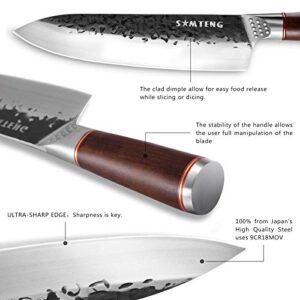 Kitchen Knives 8 Inch -SMTENG Professional chef Knife 3 layer 9CR18MOV clad steel hammered with Pakkwood handle，Multipurpose Top Kitchen Knife for Home and Restaurant