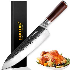 kitchen knives 8 inch -smteng professional chef knife 3 layer 9cr18mov clad steel hammered with pakkwood handle，multipurpose top kitchen knife for home and restaurant