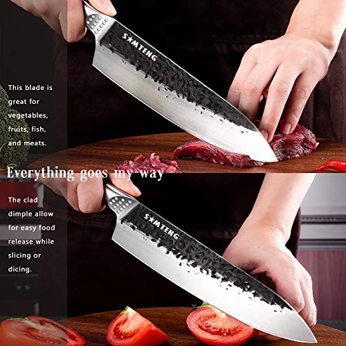 Kitchen Knives 8 Inch -SMTENG Professional chef Knife 3 layer 9CR18MOV clad steel hammered with Pakkwood handle，Multipurpose Top Kitchen Knife for Home and Restaurant