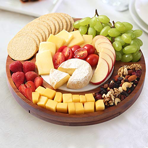 CTFT Cheese Board Set Charcuterie Boards Acacia Round Platter Serving Tray Charcuttery Meat Platter With Knife Set with Marble Plate Gifts For Mother’s Day Housewarming Christmas Wedding Anniversary