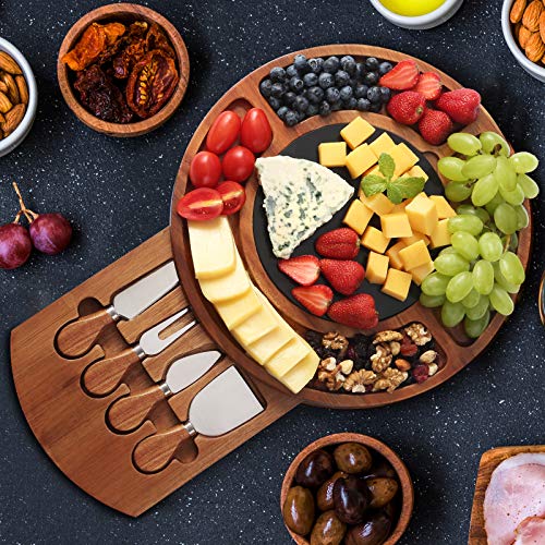 CTFT Cheese Board Set Charcuterie Boards Acacia Round Platter Serving Tray Charcuttery Meat Platter With Knife Set with Marble Plate Gifts For Mother’s Day Housewarming Christmas Wedding Anniversary