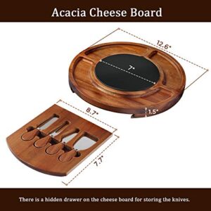 CTFT Cheese Board Set Charcuterie Boards Acacia Round Platter Serving Tray Charcuttery Meat Platter With Knife Set with Marble Plate Gifts For Mother’s Day Housewarming Christmas Wedding Anniversary