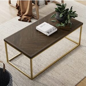 nathan james doxa modern industrial coffee table wood in with metal rectangle frame, dark brown/gold, 22d x 44w x 17h in
