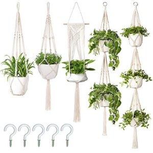 aerwo 5 pack macrame plant hanger outdoor indoor hanging planters + 5 hooks, hanging plant holder basket decorative macromay plant hanger for boho home decor (different tiers, 5 sizes)