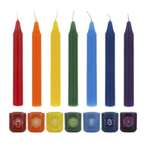 Mega Candles 7 pcs Assorted Colors Ceramic Chakra Chime Ritual Spiritual Energy Spell Candle Holders with Matching Color Candles, Great for Meditating, Rituals, Spells, Vigil, Supplies & More