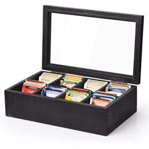 alsonerbay wooden tea box tea bag holder kitchen storage chest box for spice pouches and sugar packets with 8 compartments and glass window weathered black