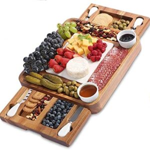 ABELL Cheese Board and Knife Sets Acacia Charcuterie Boards Serving Tray with Double Side Marble Slab for Housewarming Party Thanksgiving Birthday Wedding Gifts