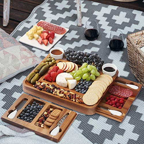 ABELL Cheese Board and Knife Sets Acacia Charcuterie Boards Serving Tray with Double Side Marble Slab for Housewarming Party Thanksgiving Birthday Wedding Gifts