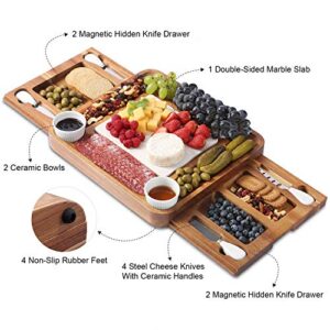 ABELL Cheese Board and Knife Sets Acacia Charcuterie Boards Serving Tray with Double Side Marble Slab for Housewarming Party Thanksgiving Birthday Wedding Gifts