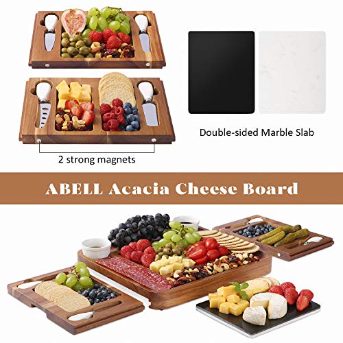 ABELL Cheese Board and Knife Sets Acacia Charcuterie Boards Serving Tray with Double Side Marble Slab for Housewarming Party Thanksgiving Birthday Wedding Gifts