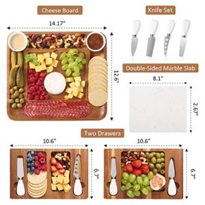 ABELL Cheese Board and Knife Sets Acacia Charcuterie Boards Serving Tray with Double Side Marble Slab for Housewarming Party Thanksgiving Birthday Wedding Gifts