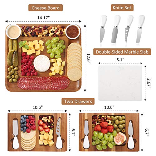 ABELL Cheese Board and Knife Sets Acacia Charcuterie Boards Serving Tray with Double Side Marble Slab for Housewarming Party Thanksgiving Birthday Wedding Gifts