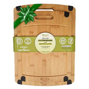 olive's kitchen organic bamboo cutting board set (2 pack) - reversible bamboo cheese board – medium & x-large bamboo cutting boards for kitchen – non-slip cutting board bamboo charcuterie board