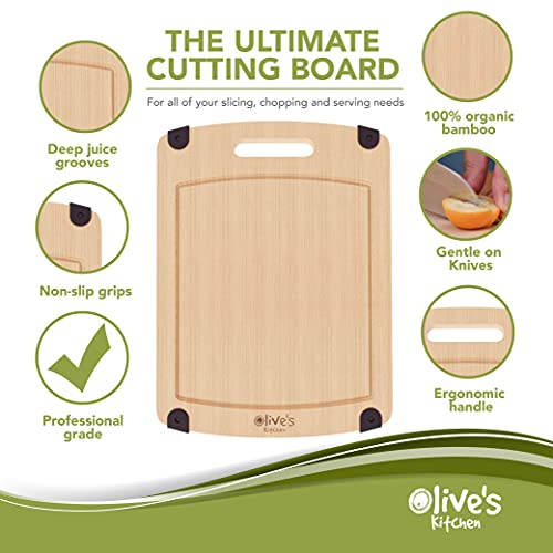 Olive's Kitchen Organic Bamboo Cutting Board Set (2 Pack) - Reversible Bamboo Cheese Board – Medium & X-Large Bamboo Cutting Boards for Kitchen – Non-Slip Cutting Board Bamboo Charcuterie Board