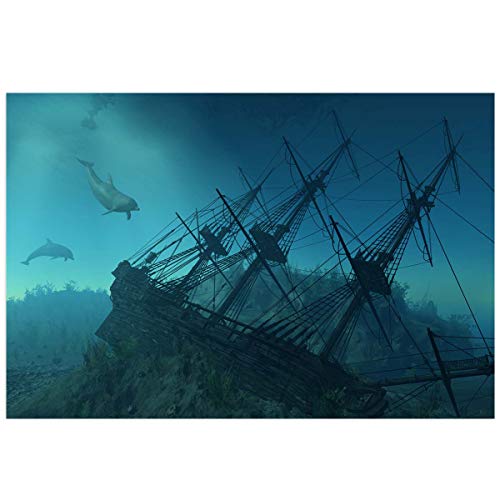 Victories Fish Tank Backdrop-PVC HD Printing Wallpaper,Shipwreck on The Seabed Aquarium Poster Background Decor Paper Cling Decals Sticker