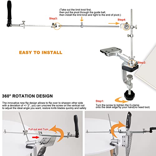 RUIXIN PRO RX-008 Kitchen Knife Sharpener System with 10 Whetstones, 360° Rotation Flip Design, Fixed Angle Stainless Steel Professional Chef Knife Sharpening Kit Fine Grinding Polishing Tool