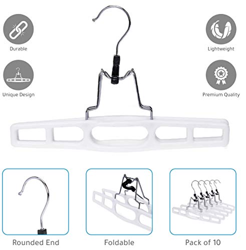 Premium Skirt Hangers 10-Pack - Thin Space-Saving Skirt Hanger Set with Clamp, Pant Hanger 10-Piece Set, Shorts Hangers with Heavy-Duty Locking Clasp, Multipurpose Quality Jean Hangers Set (White, 10)