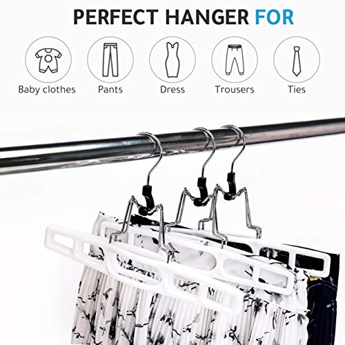 Premium Skirt Hangers 10-Pack - Thin Space-Saving Skirt Hanger Set with Clamp, Pant Hanger 10-Piece Set, Shorts Hangers with Heavy-Duty Locking Clasp, Multipurpose Quality Jean Hangers Set (White, 10)