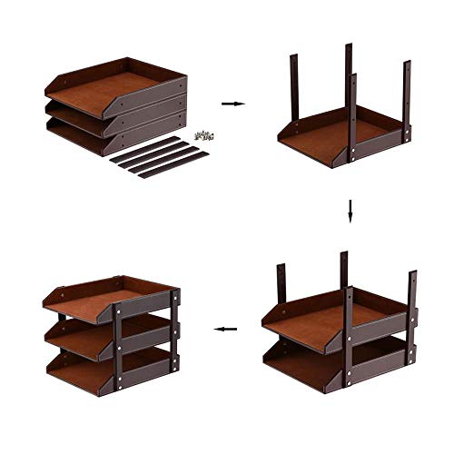 Leather Desk Organizer, 95store 3-Tier Stackable Document Tray, Perfect Desktop Organization Holder for Files, Folder, Stationery, Magazine, Newspaper, Mail, Office Supplies (Brown)