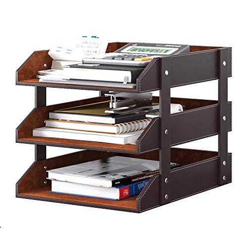 Leather Desk Organizer, 95store 3-Tier Stackable Document Tray, Perfect Desktop Organization Holder for Files, Folder, Stationery, Magazine, Newspaper, Mail, Office Supplies (Brown)