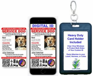 just 4 paws custom service dog id card with qr code & security seal and optional holograph | registration to u s service dogs registry plus id holder & digital id - portrait style