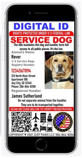 Just 4 Paws Custom Service Dog ID Card with QR Code & Security Seal and Optional Holograph | Registration to U S Service Dogs Registry Plus ID Holder & Digital ID - Portrait Style