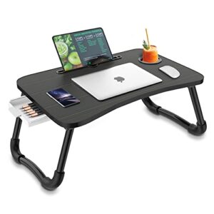 zapuno foldable laptop bed table multi-function lap bed tray table with storage drawer and water bottle holder, serving tray dining table with slot for eating, working on bed/couch/sofa (arc shape)