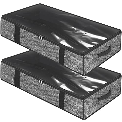 homyfort Under Bed Storage Containers - Low Profile Underbed Clothes Storage Drawers Collapsible Comforters Blankets Bags with Clear Plastic Lids, 2 Zippers and 4 Handles (Black, 2 Pack)