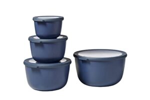 mepal, cirqula set of 4 multi food storage and serving bowls with lids, food prep containers, deep, nordic denim, 1 each (17oz, 34oz, 68oz,101 oz), 1 set