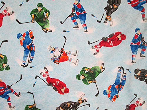 Hockey Players Sticks Pucks Hockey Blue Cotton Fabric Size;1/4 Yard(18x22)