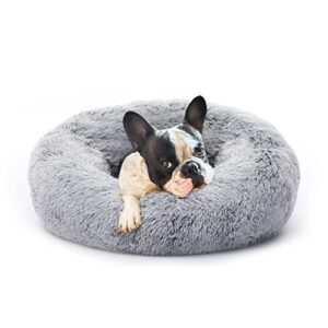eterish 23 inches fluffy round calming dog bed plush faux fur, anxiety donut dog bed for small dogs and cats, pet cat bed with raised rim, machine washable, light grey
