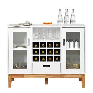 Giantex Buffet Sideboard, Wood Kitchen Server, Storage Cupboard, Wine Rack, 2 Cabinets, Drawer and Open Shelf, Living Room Furniture (White & Natural)