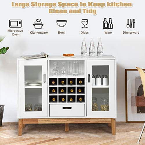 Giantex Buffet Sideboard, Wood Kitchen Server, Storage Cupboard, Wine Rack, 2 Cabinets, Drawer and Open Shelf, Living Room Furniture (White & Natural)