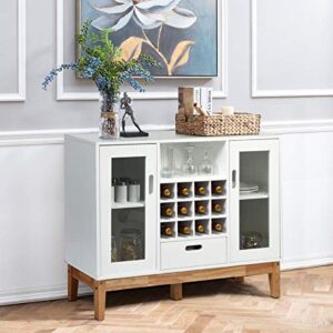 Giantex Buffet Sideboard, Wood Kitchen Server, Storage Cupboard, Wine Rack, 2 Cabinets, Drawer and Open Shelf, Living Room Furniture (White & Natural)