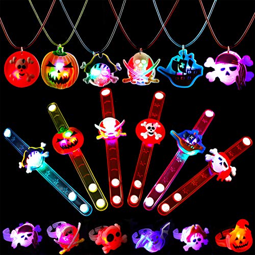 24 Pieces Halloween LED Necklace Light Up Wristband Slap Bracelets and LED Flashing Rings Glow in the Dark Party Supplies for kid Halloween Party Decorations Party Favors