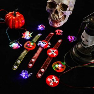 24 Pieces Halloween LED Necklace Light Up Wristband Slap Bracelets and LED Flashing Rings Glow in the Dark Party Supplies for kid Halloween Party Decorations Party Favors