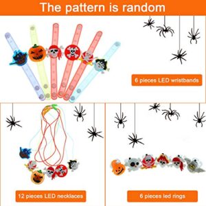 24 Pieces Halloween LED Necklace Light Up Wristband Slap Bracelets and LED Flashing Rings Glow in the Dark Party Supplies for kid Halloween Party Decorations Party Favors