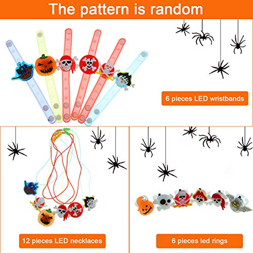 24 Pieces Halloween LED Necklace Light Up Wristband Slap Bracelets and LED Flashing Rings Glow in the Dark Party Supplies for kid Halloween Party Decorations Party Favors