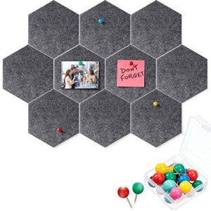 10 Packs Pin Board Hexagon Felt Board Tiles Bulletin Board Memo Board with 20 Pieces Push Pins, Decoration for Home Office Classroom Wall (Dark Gray, 5.9 x 7 Inches/ 15 x 17.7 cm)